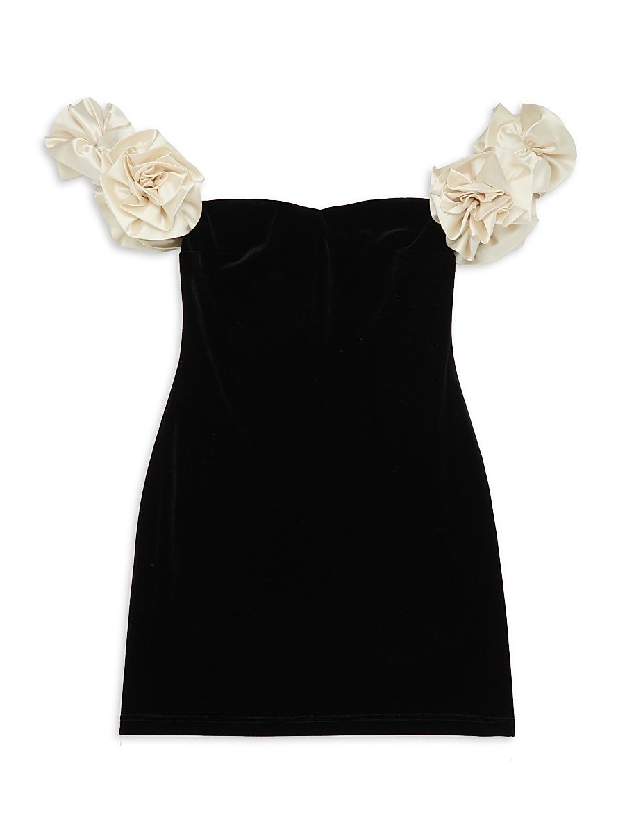 Girl's Montgomery Rosette Off-The-Shoulder Velour Minidress - Black - Size 16