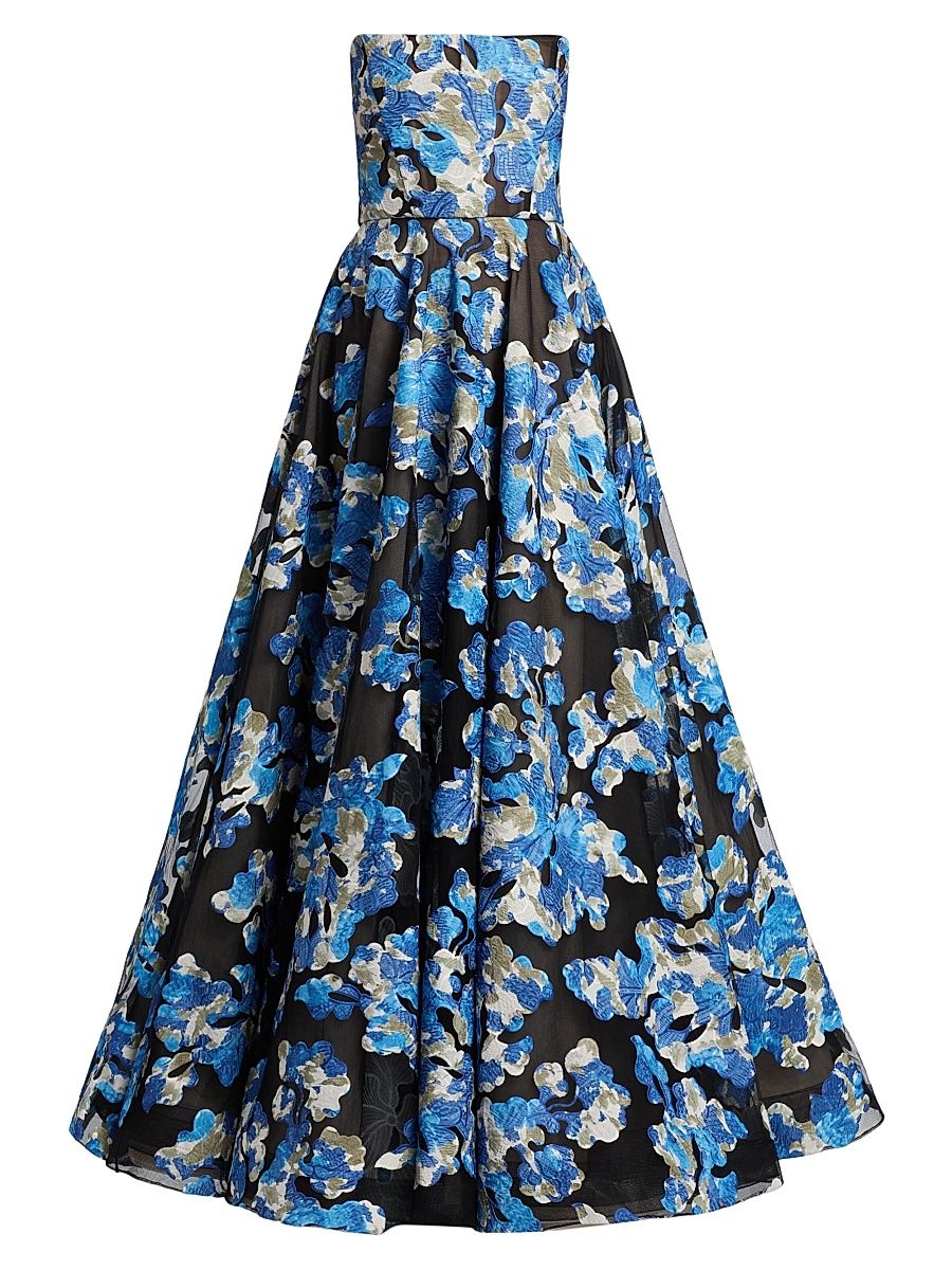 Women's Jasmine Floral Strapless Fit & Flare Gown - Blue Multi - Size XL
