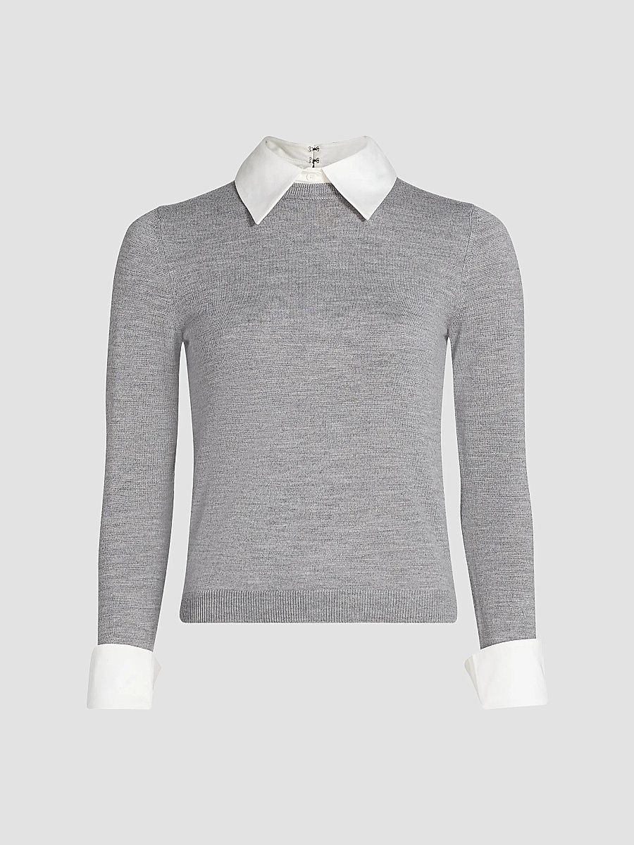 ALICE + OLIVIA Women's Porla Collared Wool Sweater - Medium Heather Grey - Size XL