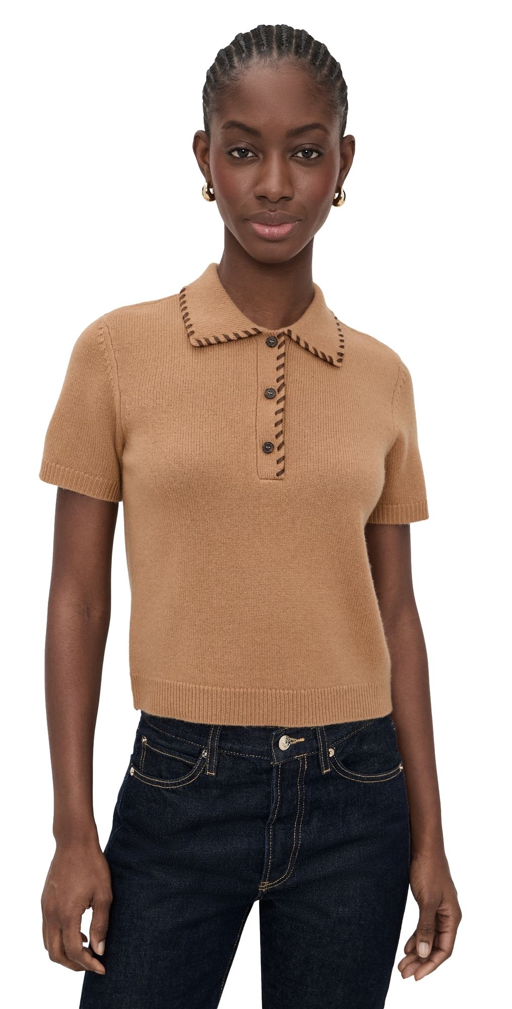 FRAME The Leather Stitch Polo Camel S