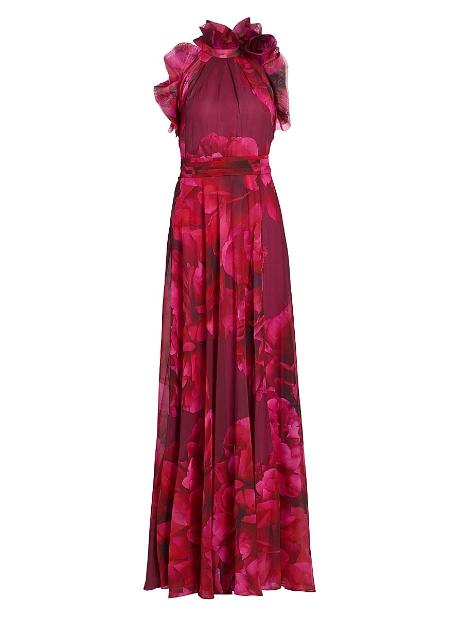 Women's Ruffled Floral Chiffon Organza Halterneck Gown - Fuschia Multi - Size 16