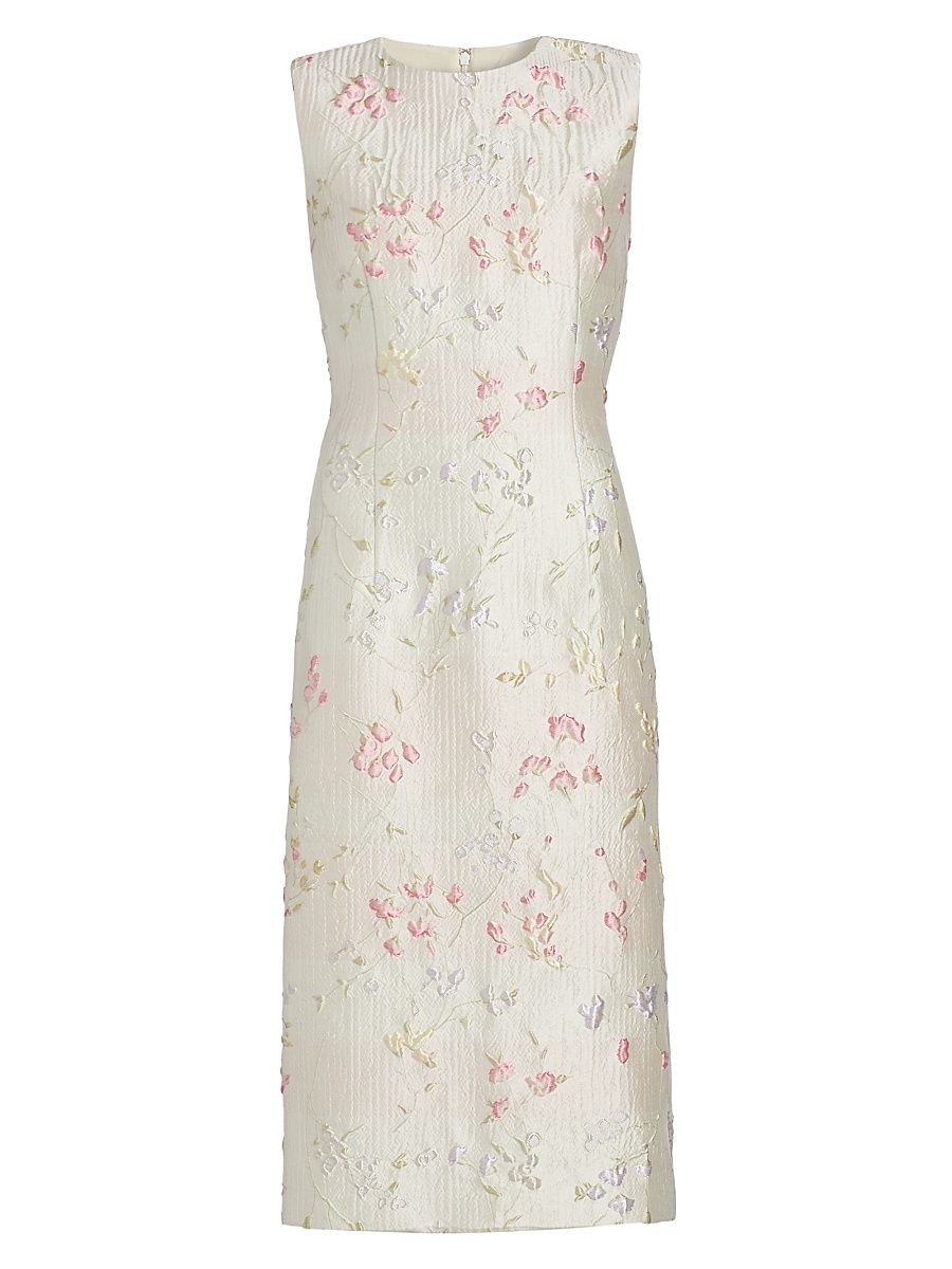 Women's Floral Brocade Sheath Midi-Dress - Ecru Multi - Size 2
