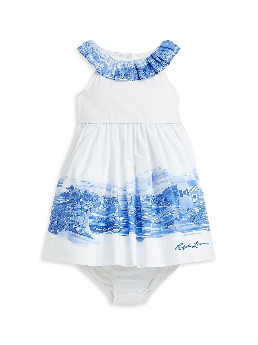Baby Girl's Watercolor Paint Dress & Bloomers Set - Seashore Scenic Border - Size 9 Months