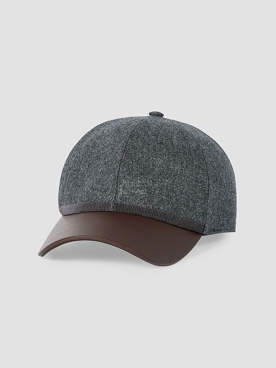 Women's Virgin Wool Flannel and Nappa Leather Baseball Cap with Shiny Band - Dark Grey - Size Medium