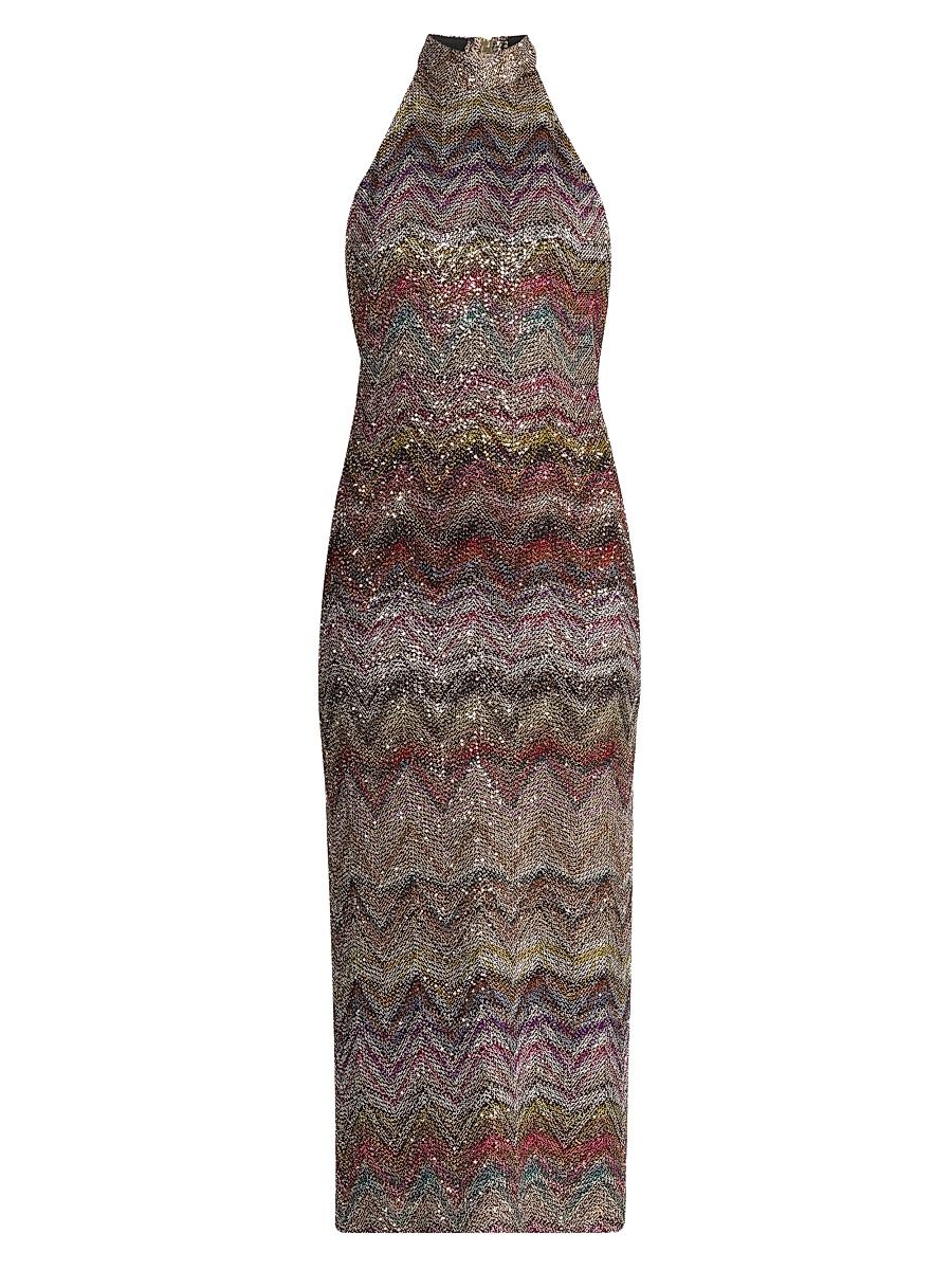 Women's Sequin Zig-Zag Open-Back Knit Midi-Dress - Light Multicolor Tones - Size 12