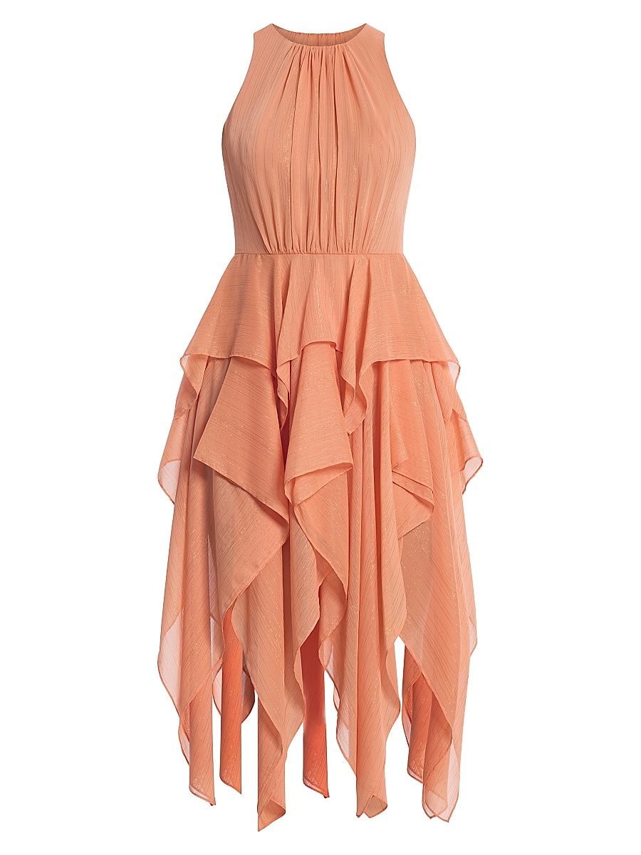 Women's Metallic Ruffle Midi-Dress - Apricot - Size 12