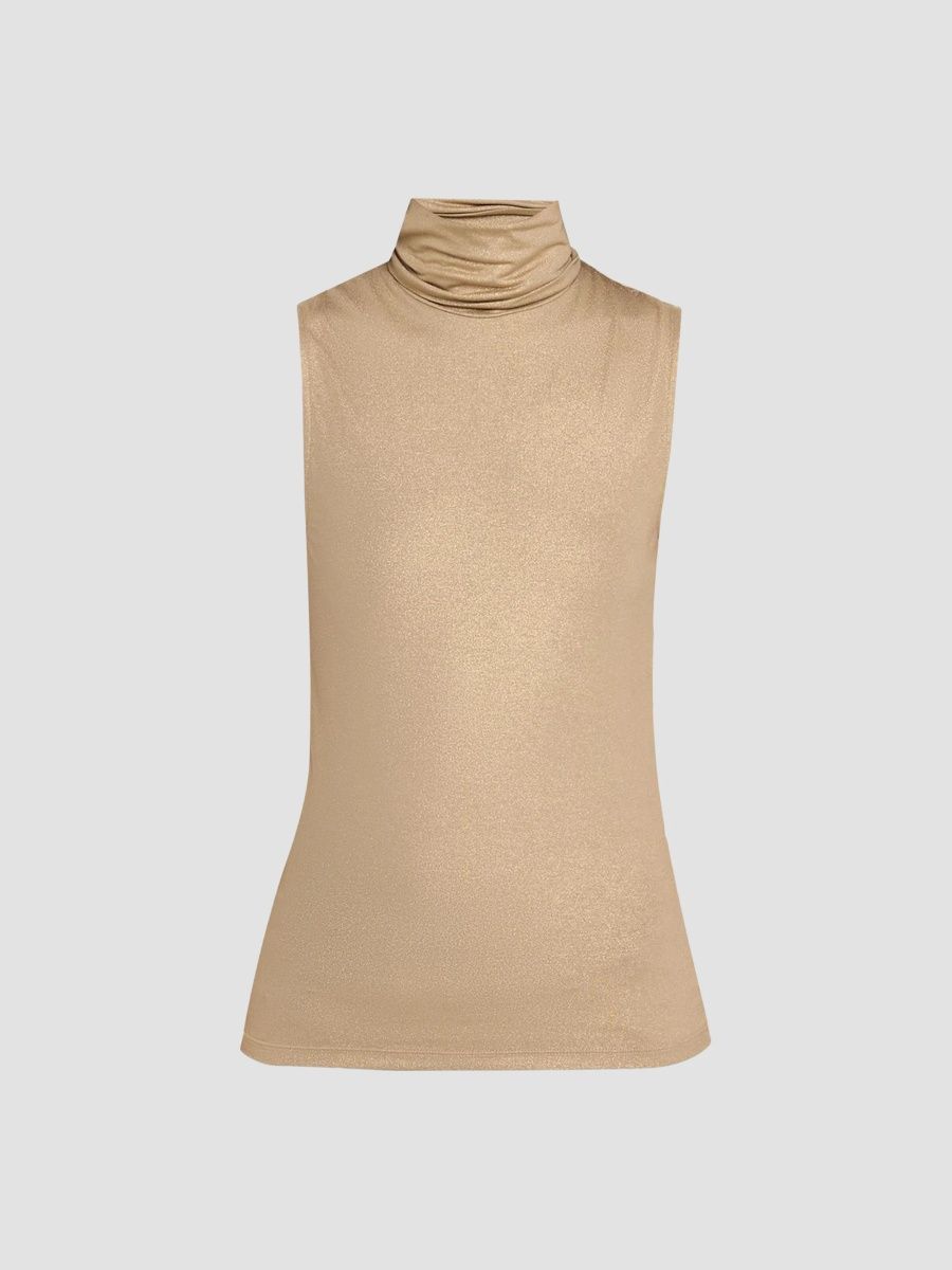 Majestic Filatures Women's Soft Touch Metallic Sleeveless Turtleneck Top - Fossil - Size XS