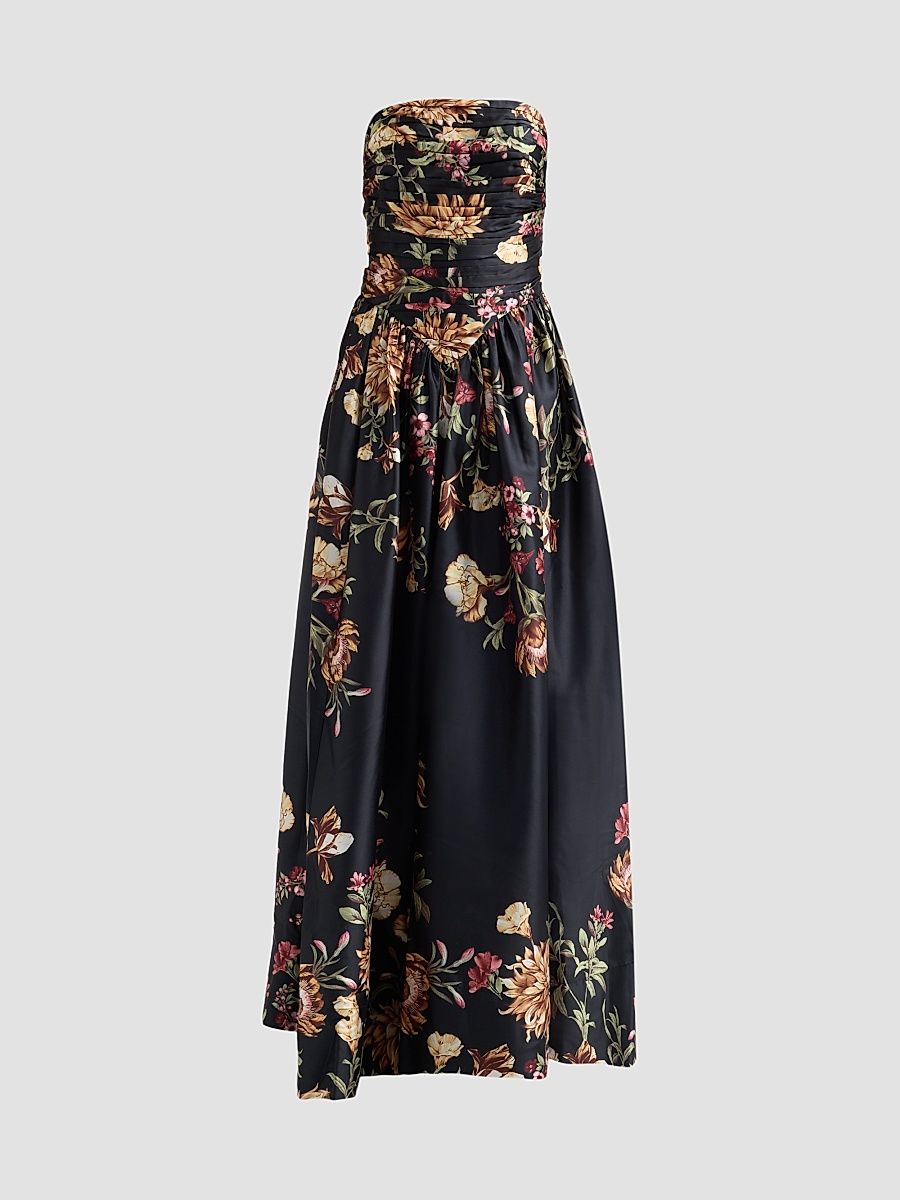 Women's Floral Ruched Strapless Maxi Dress - Black - Size Medium