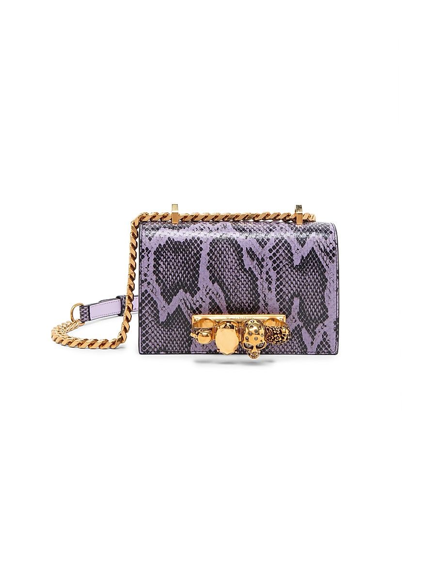 Women's Snake-Print Leather Skull Clutch - Lilac Black Gold