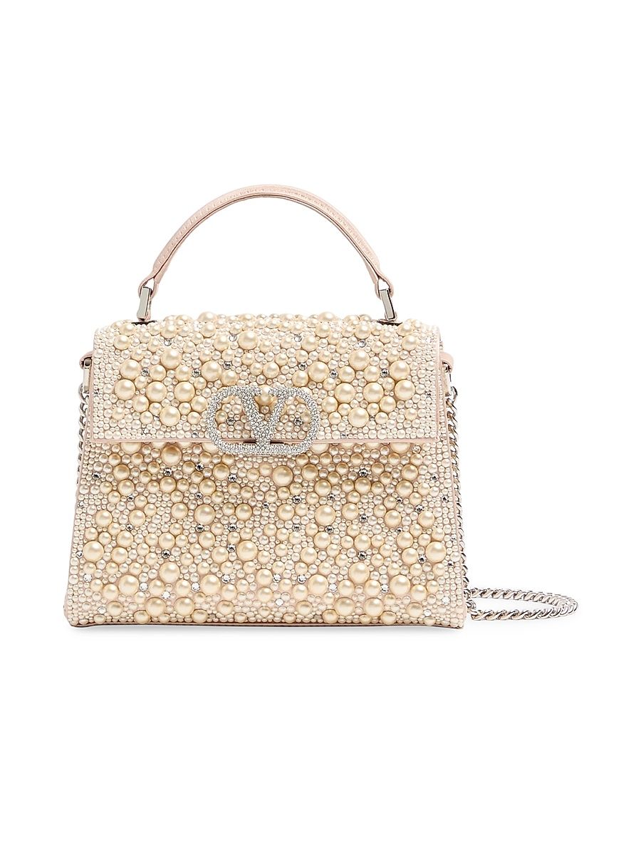 Women's VSling Mini Top Handle Bag with Pearls, Rhinestones and Jewel Logo - Cream