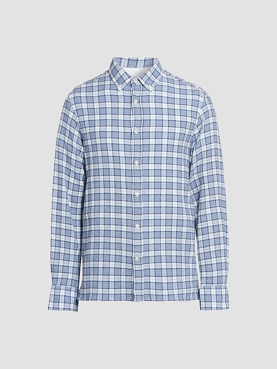 Men Arsene Waffled Cotton Check Shirt - White Blue Navy - Size XL