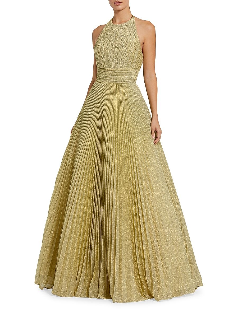 Women's Shimmering Pleated Georgette Gown - Gold - Size 14