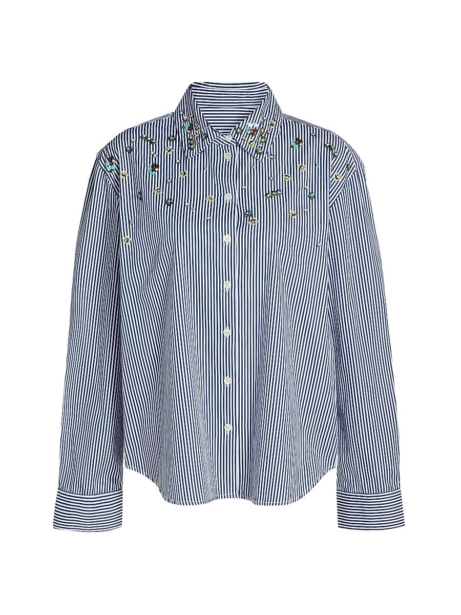 Women's Margaux Embellished Striped Cotton Top - Blue Optic White - Size XL