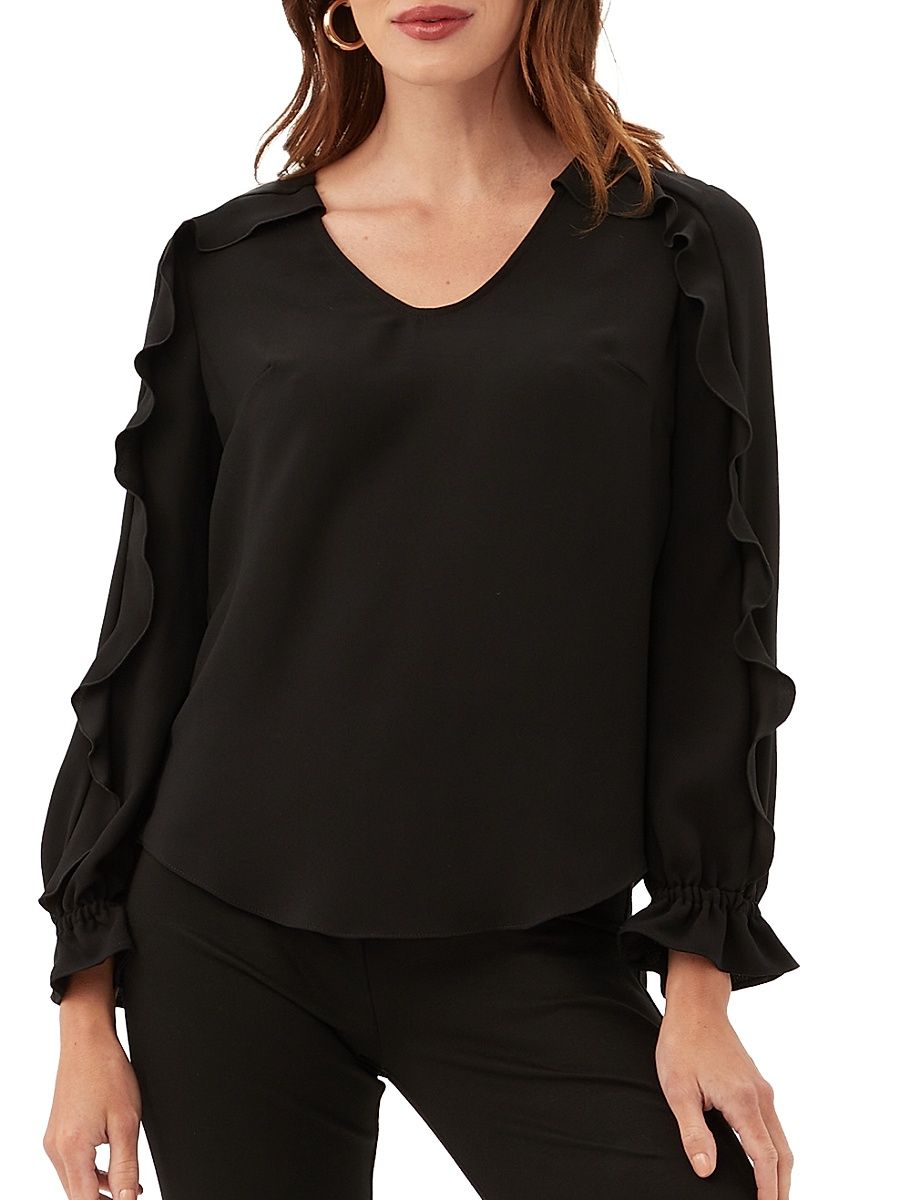 Women's Owl Ruffled Long-Sleeve Blouse - Black - Size Small