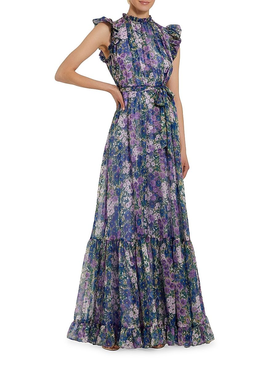 Women's Ieena Floral Print Chiffon Ruffle Gown - Lilac Multi - Size 16