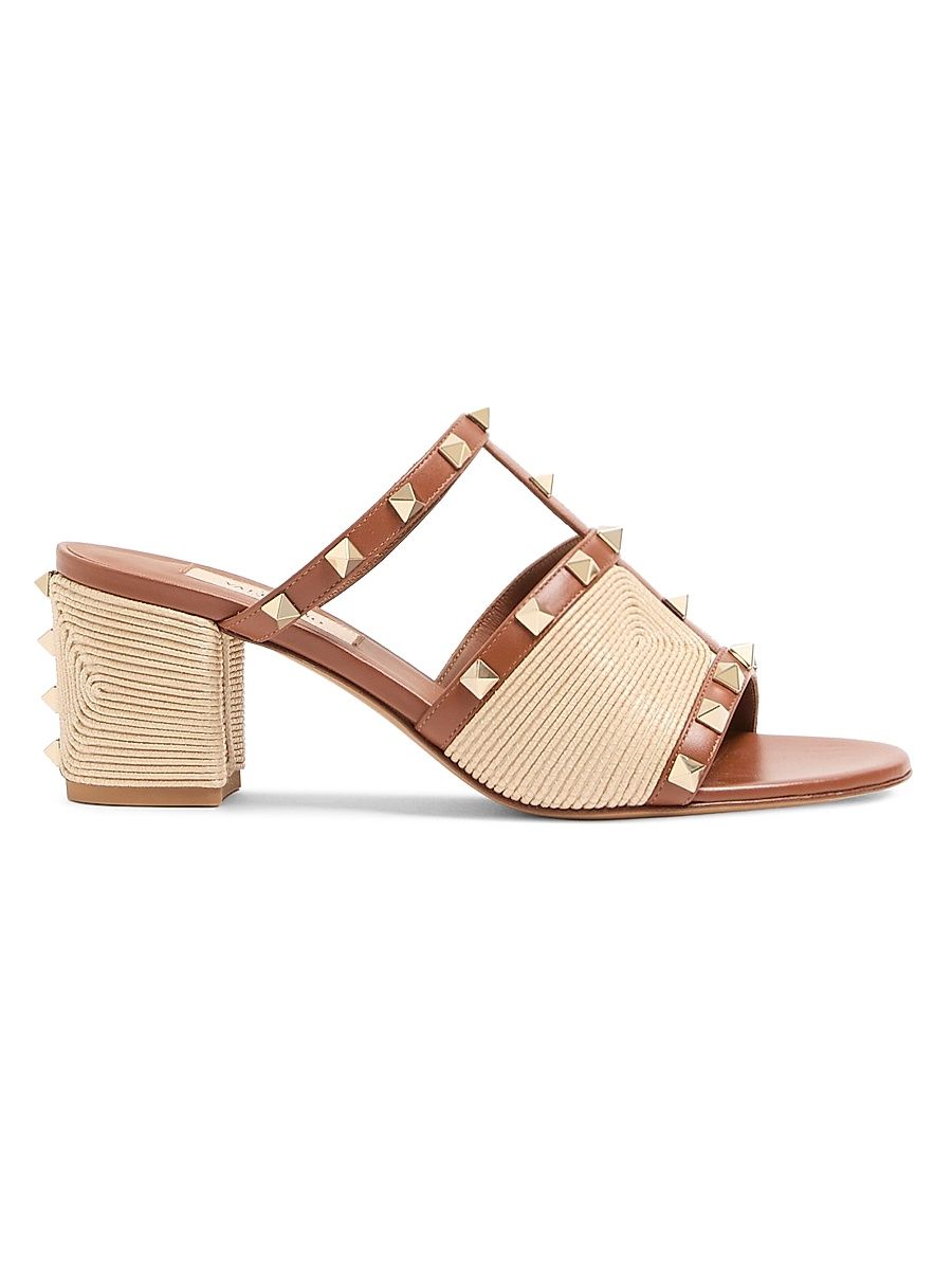 Women's Rockstud 60MM Slide Sandals in Calfskin with Cornely Embroidery - Saddle Brown Natural - Size 12