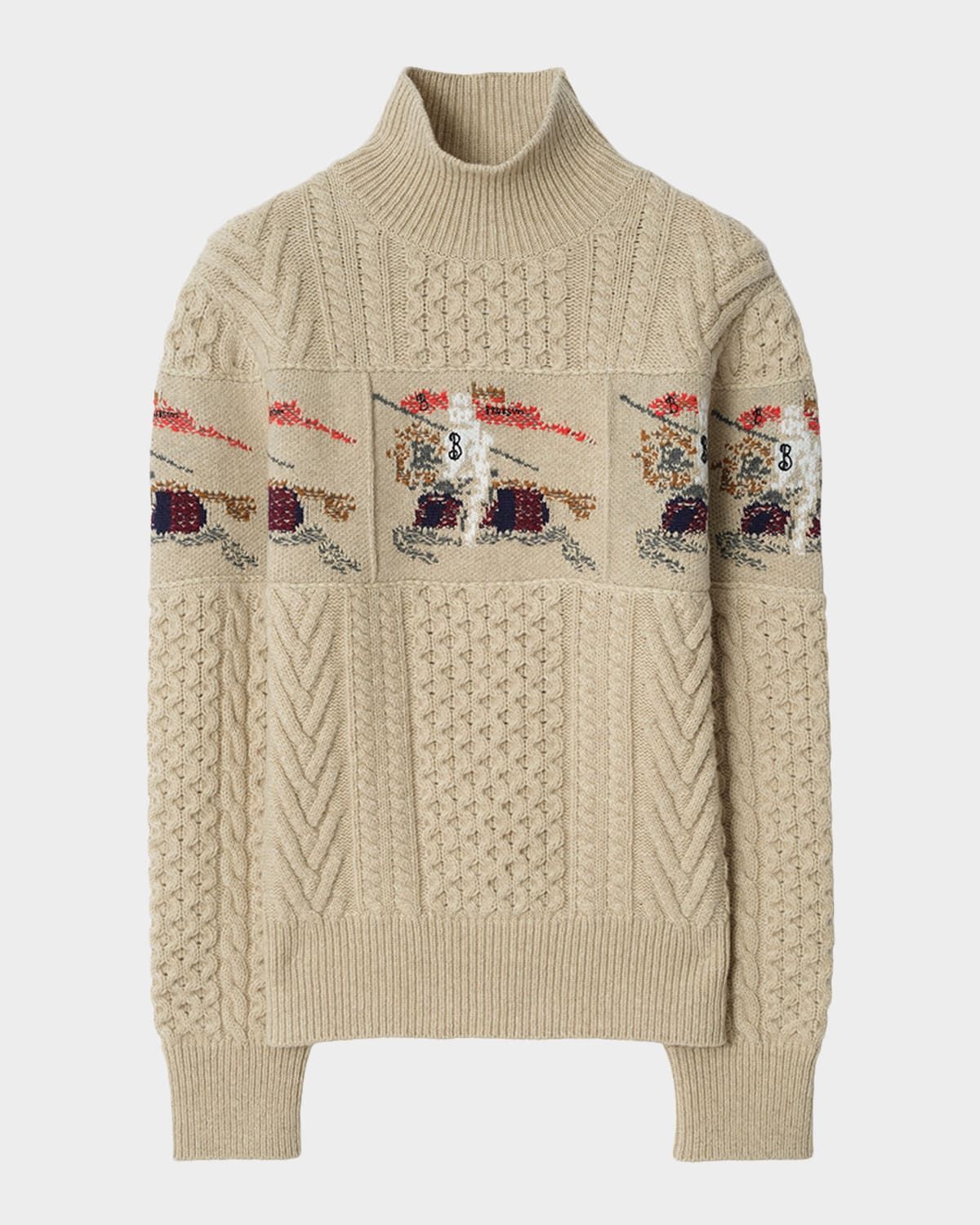 Edie EKD-Intarsia Aran Knit Crewneck Sweater