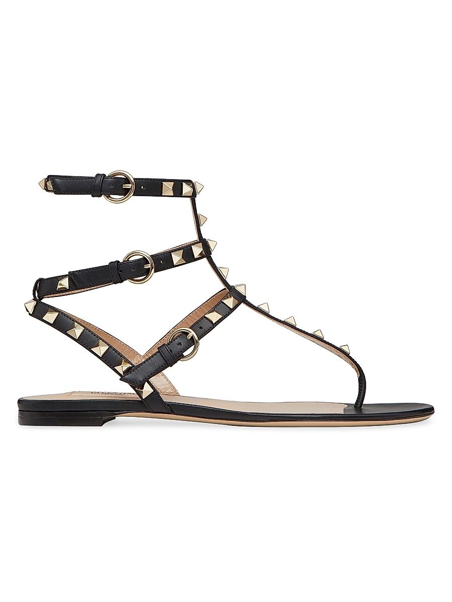 Women's Rockstud Calfskin Flat Flip-Flop Sandals - Black - Size 4.5