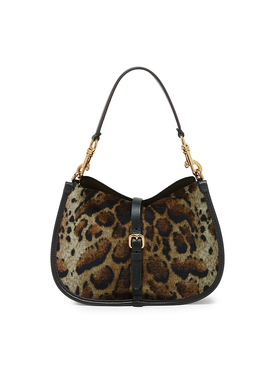 Women's Pony Medium Leopard Print Velvet Shoulder Bag - Print On Beige Base