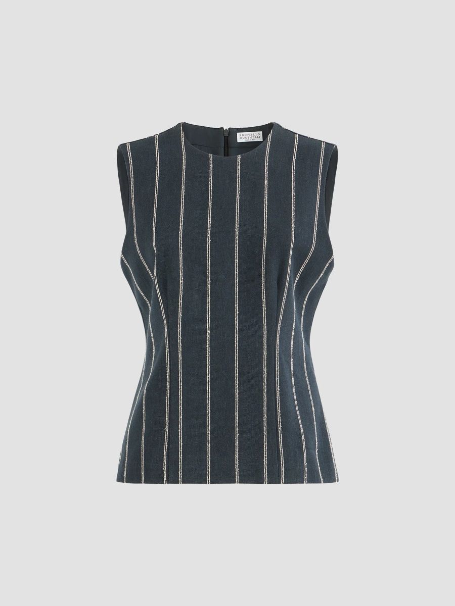 Brunello Cucinelli Women's Double Chalk Stripe Cotton And Linen Denim Top With Monili - Denim - Size XXXL