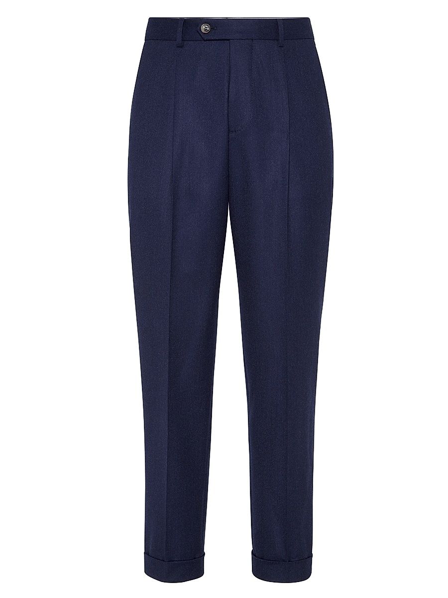 Men's Virgin Wool Flannel Leisure Fit Trousers with Pleats - Marine Blue - Size 44