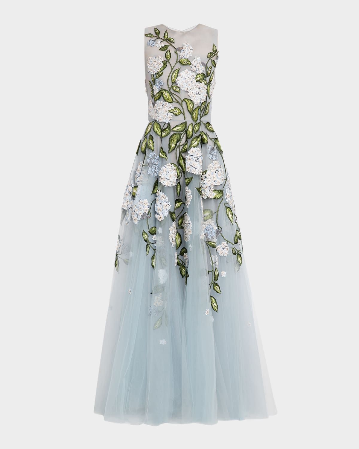 Sleeveless Porcelain Flower Embroidered Tulle Gown