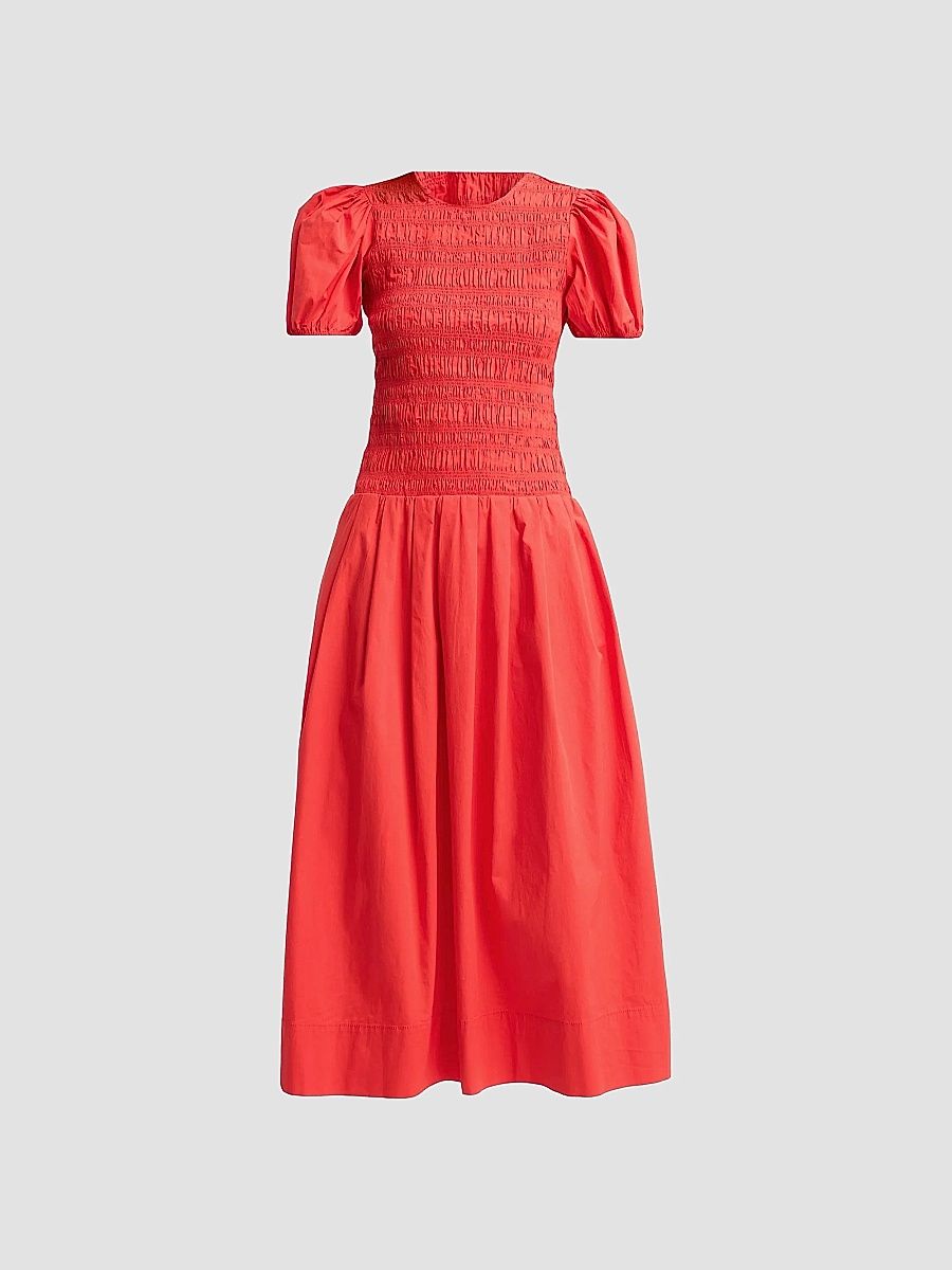 Women's Stretch-Cotton Smocked Midi Dress - Goji Berry - Size 14