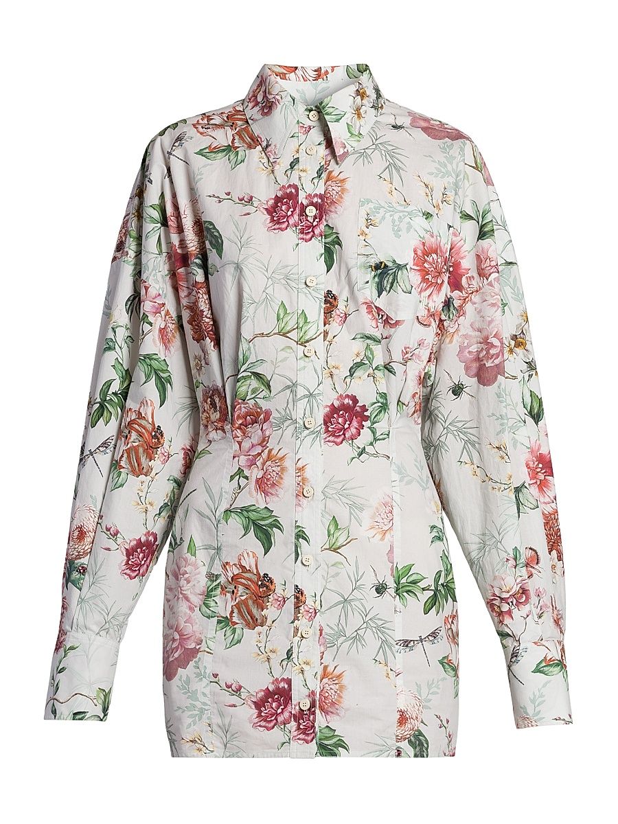 Women's Floral Cotton Mini Shirtdress - Ivory - Size 4