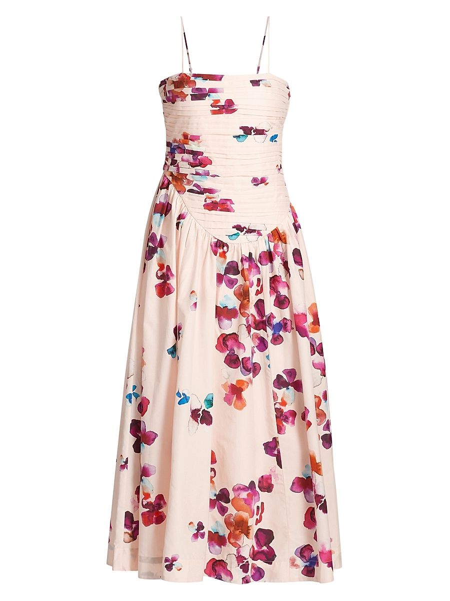 Women's Michele Pleated Floral Midi-Dress - Cream Mosaic Poppies - Size 12