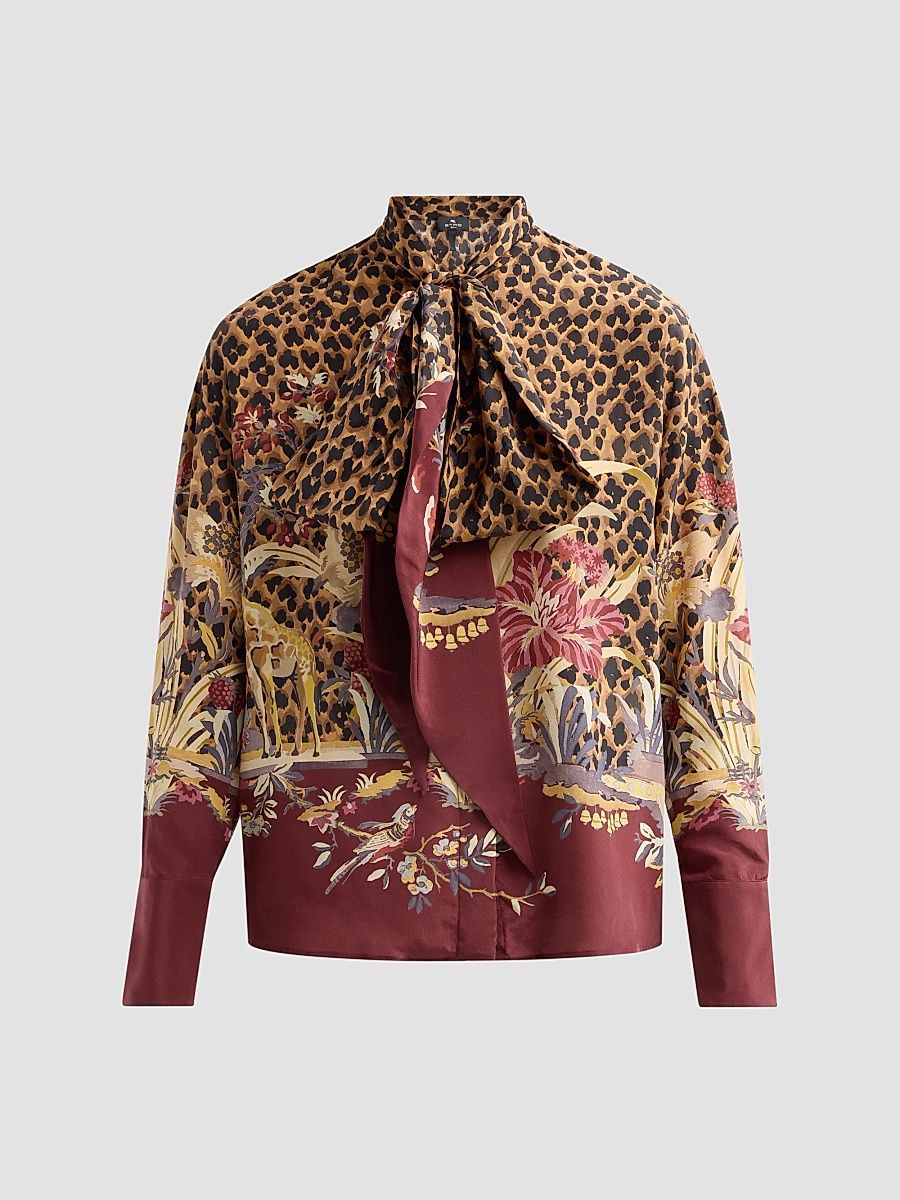 Women's Leopard Safari Print Silk Shirt - Printed Red - Size 12