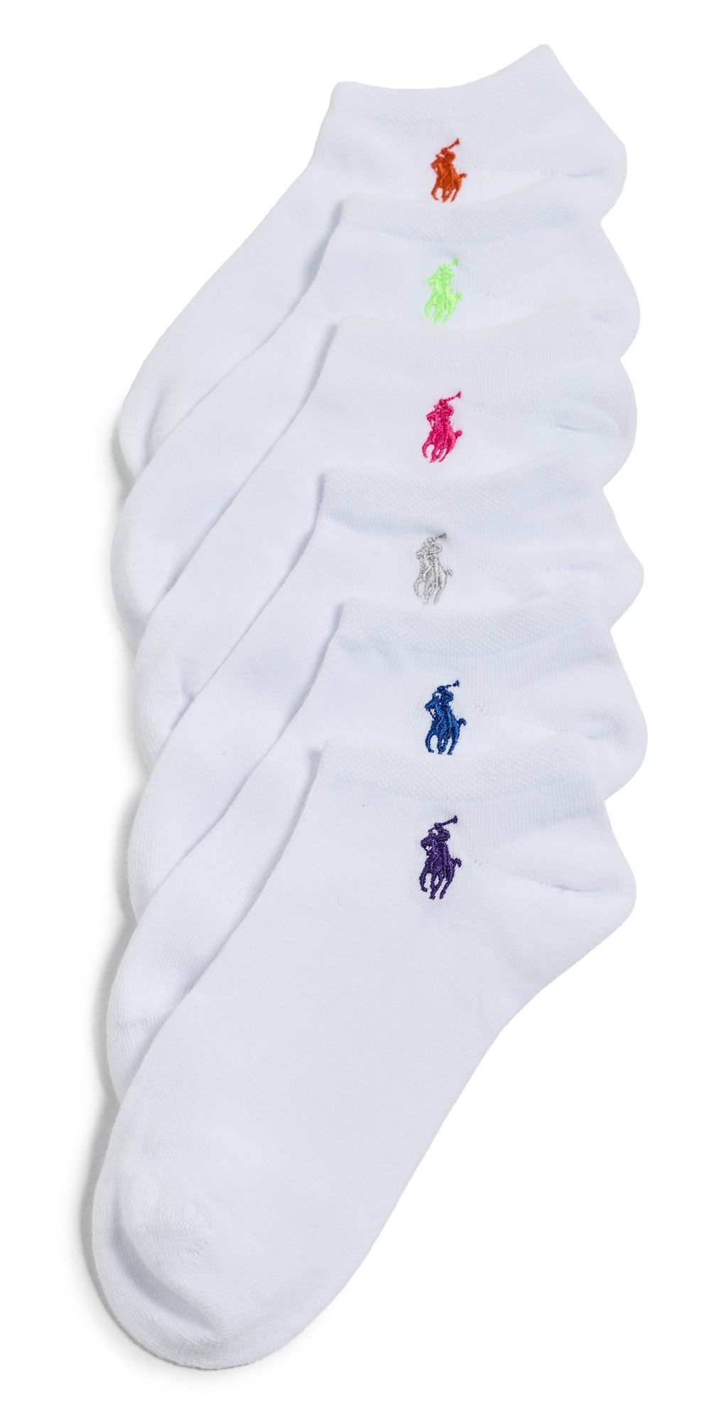 Polo Ralph Lauren Ultra Low Cut Flat Knit Socks 6-Pack White Assorted Bright Pony One Size