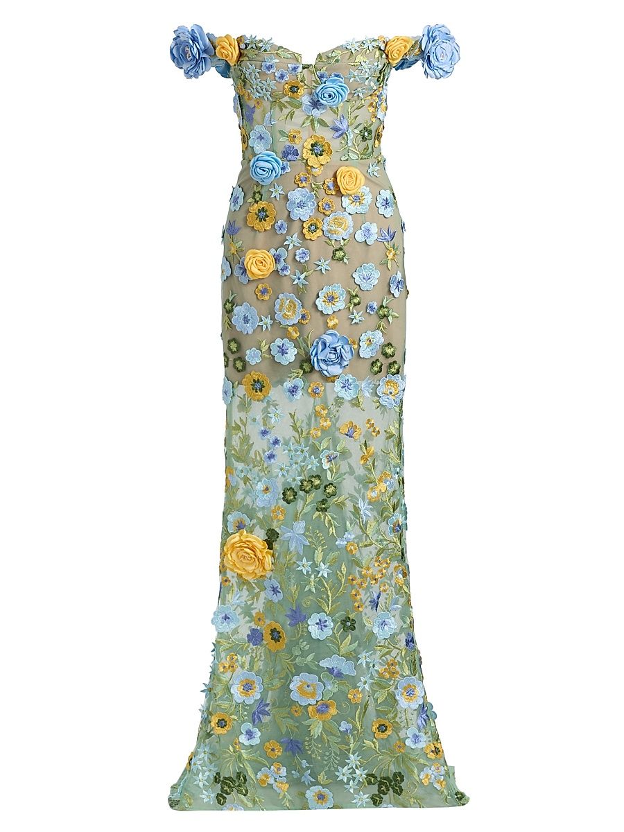 Women's Portofino Floral Applique Off-the-Shoulder Gown - Blue Multi - Size Medium