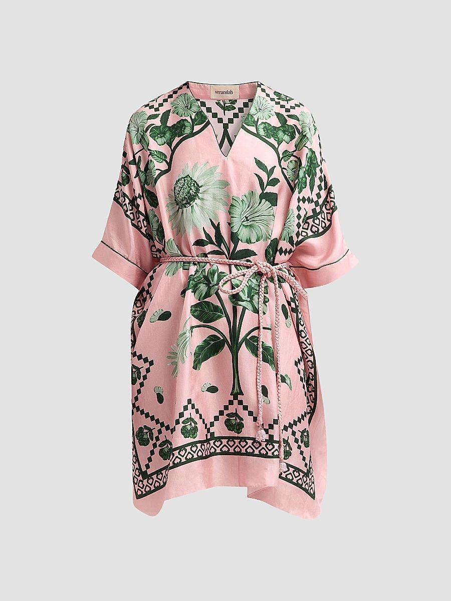 Women's Bejewelled Scarf Silk Dress - Blush And Emerald - Size Large