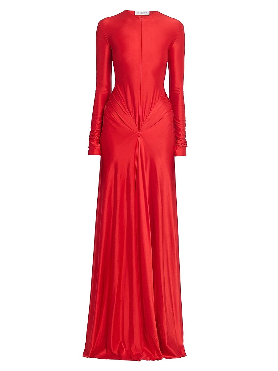 Women's Zip-Front Draped Long-Sleeve Gown - Cardinal Red - Size 0