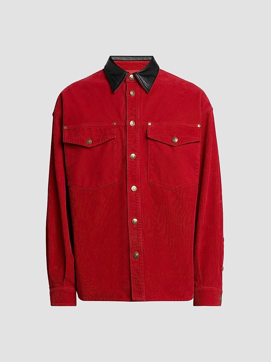 Men's Contrast Collar Cotton Corduroy Shirt - Red - Size 44