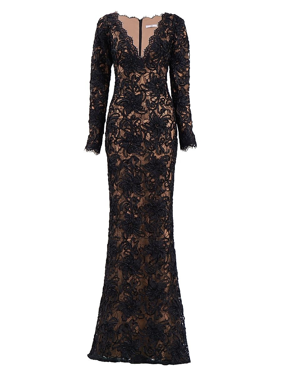 Women's Lace V-neck Column Gown - Black Beige - Size 14
