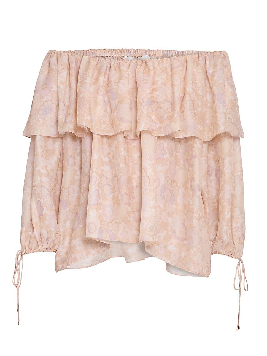 Women's À La Plage Floral Silk Off-The-Shoulder Top - Multicolor Pink - Size 12