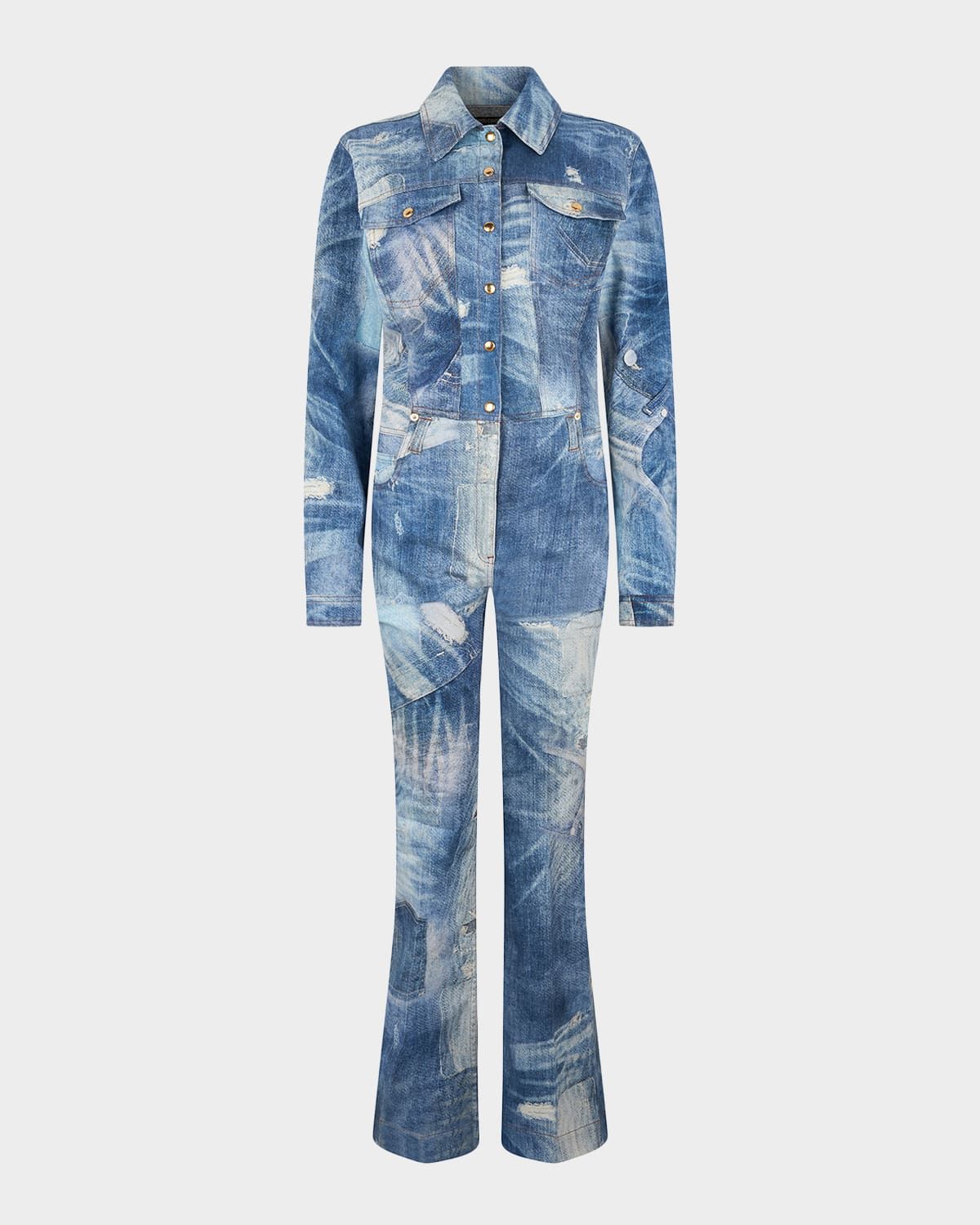 Patchwork Denim Long-Sleeve Bootcut Jumpsuit