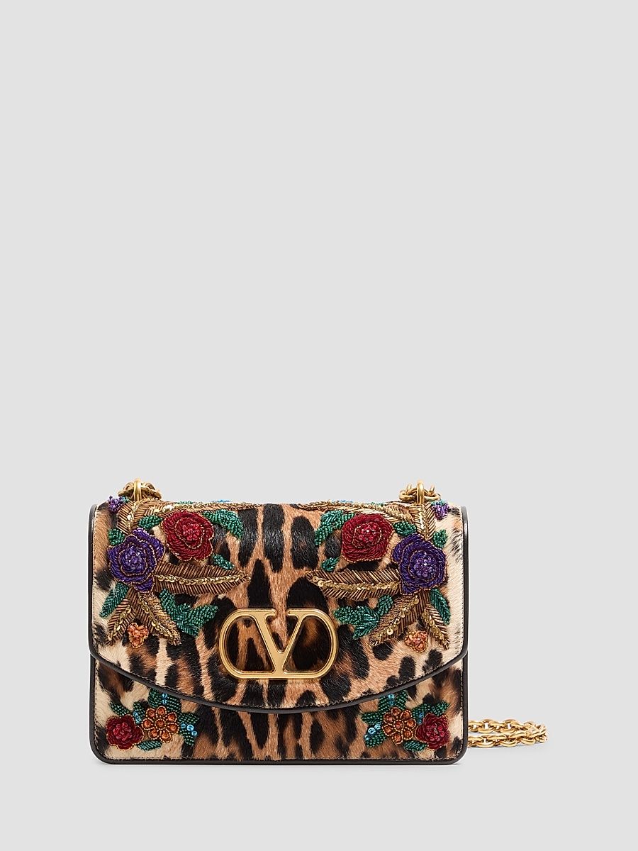 Women's Vain Shoulder Bag in Embroidered Pony-Effect Kidskin Leather - Multicolored