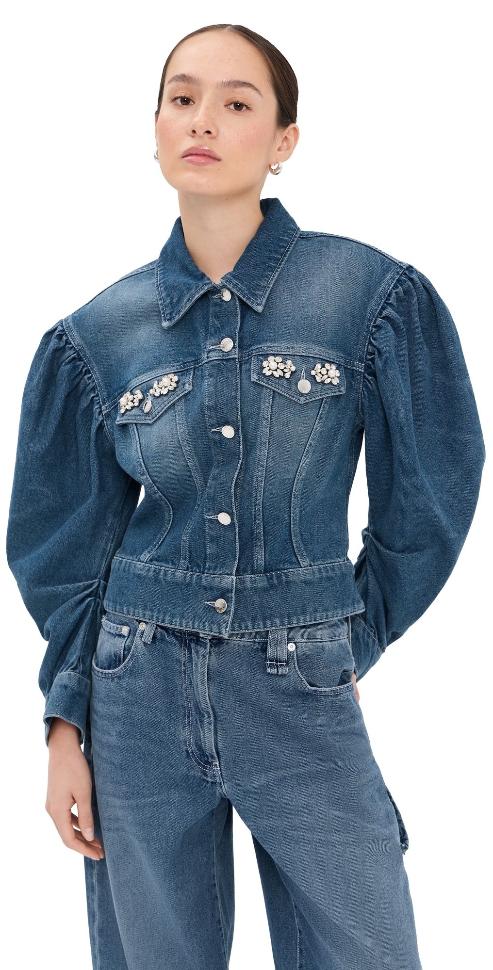 Simone Rocha Sculpted Draped Sleeve Denim Jacket Indigo/Pearl/Clear 6