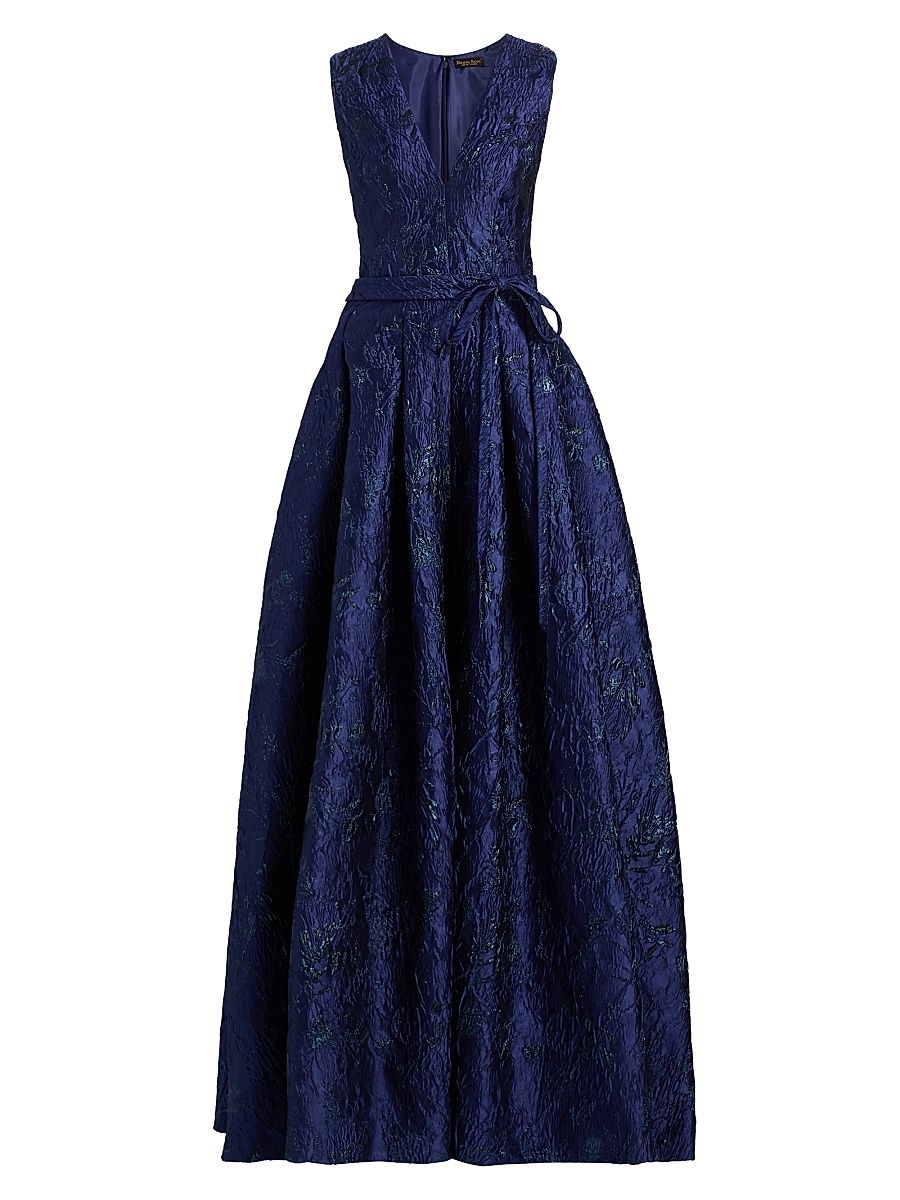 Women's Metallic Brocade Belted Ballgown - Navy - Size 8