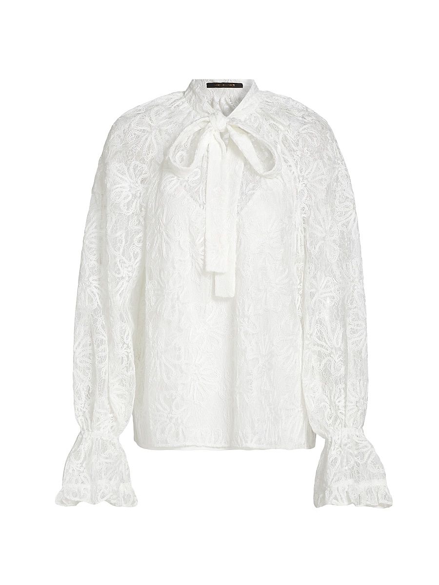 Women's Posy Lace Tie-Neck Blouse - White - Size Large