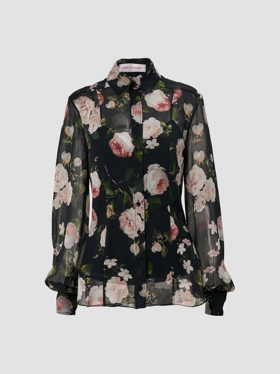 Carolina Herrera Women's Chalet Floral Silk Blouse - Black Multi - Size 14