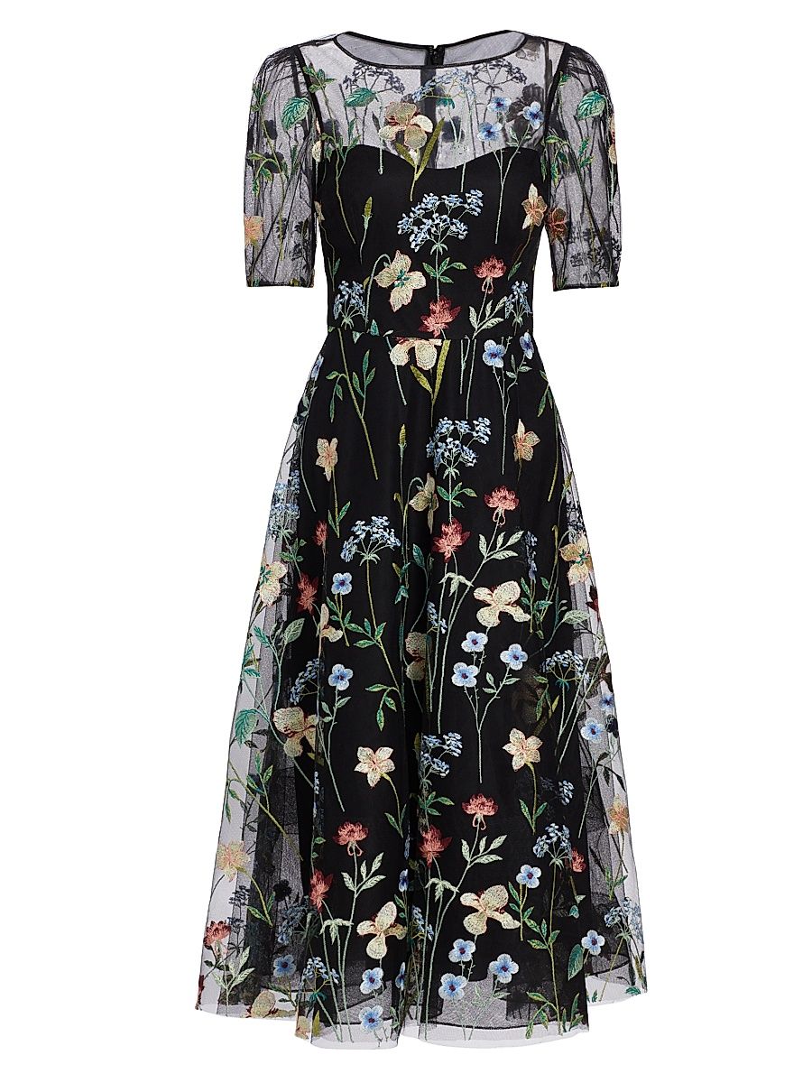 Teri Jon by Rickie Freeman Women's Floral-Embroidered Illusion Midi-Dress - Black Multi - Size 2