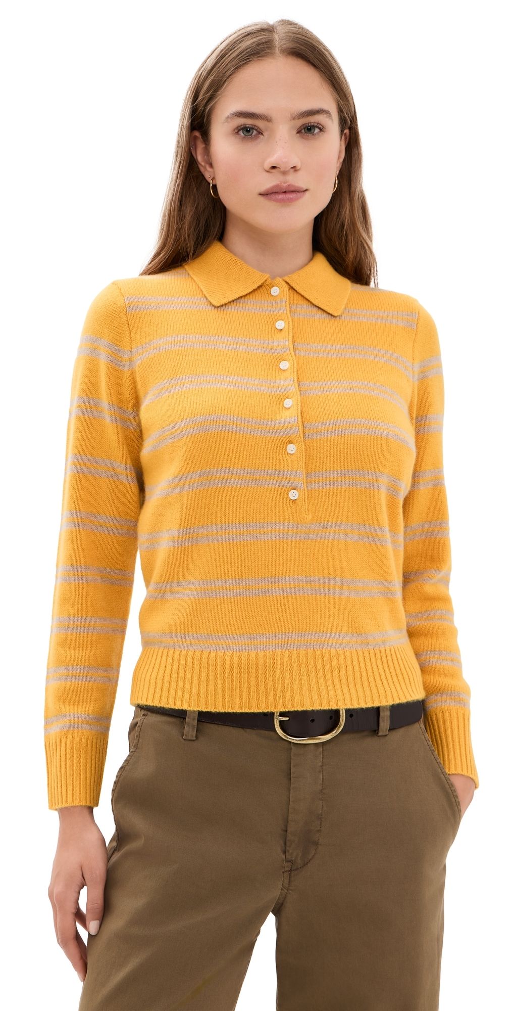Alex Mill Alice Polo In Cashmere Stripe Oatmeal/Beeswax S