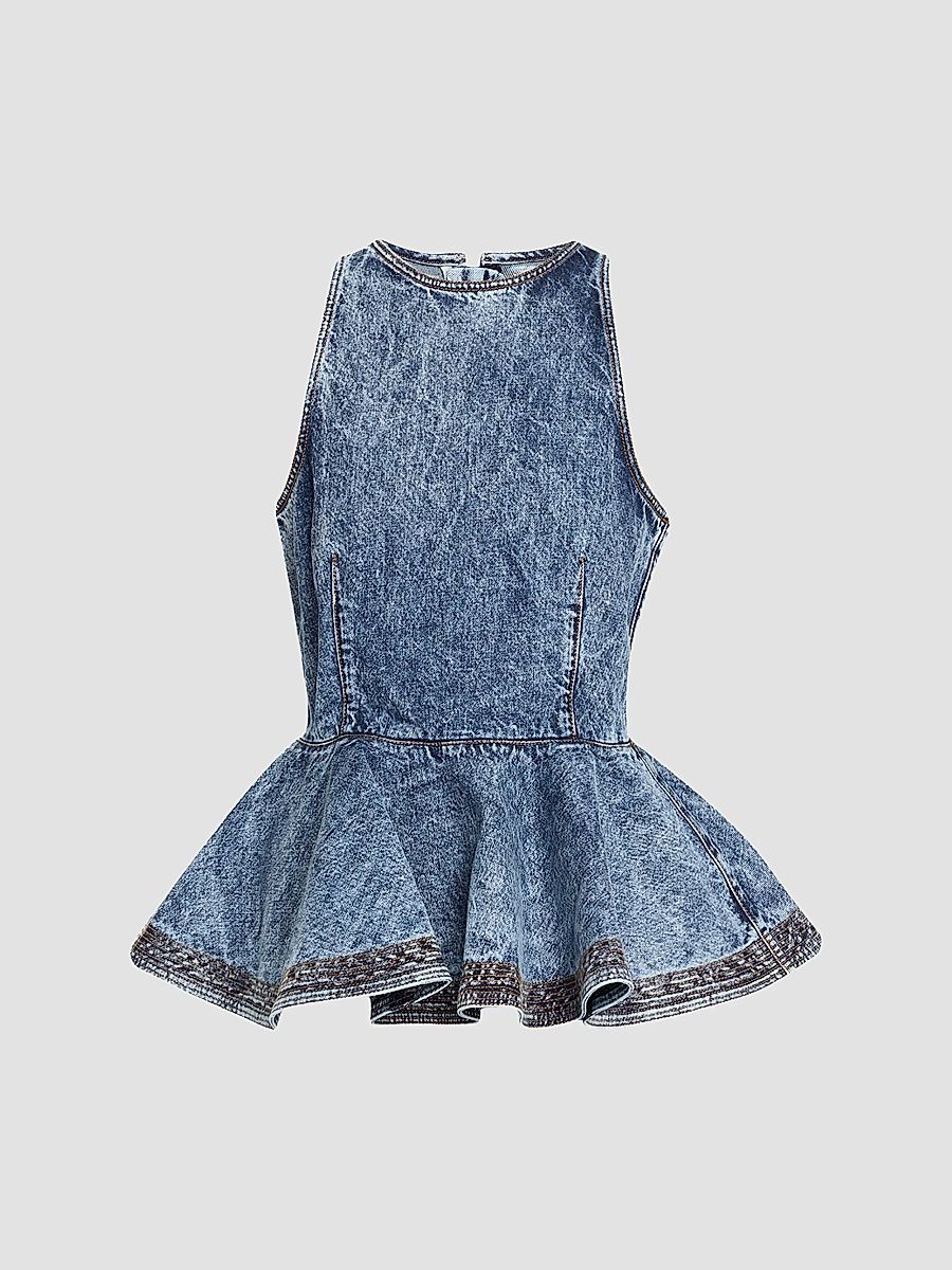 ALAÏA Women's Denim Peplum Top - Bleu Neige - Size 10