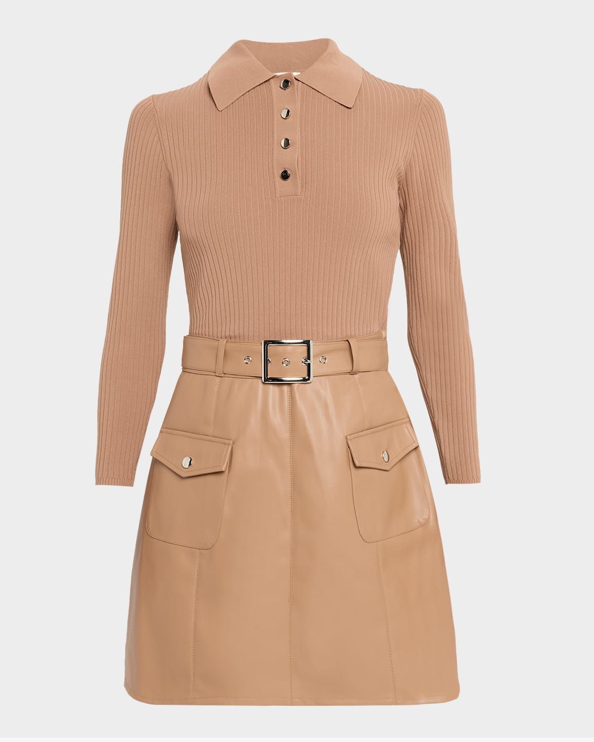 Melinda Belted Knit & Faux Leather Mini Dress