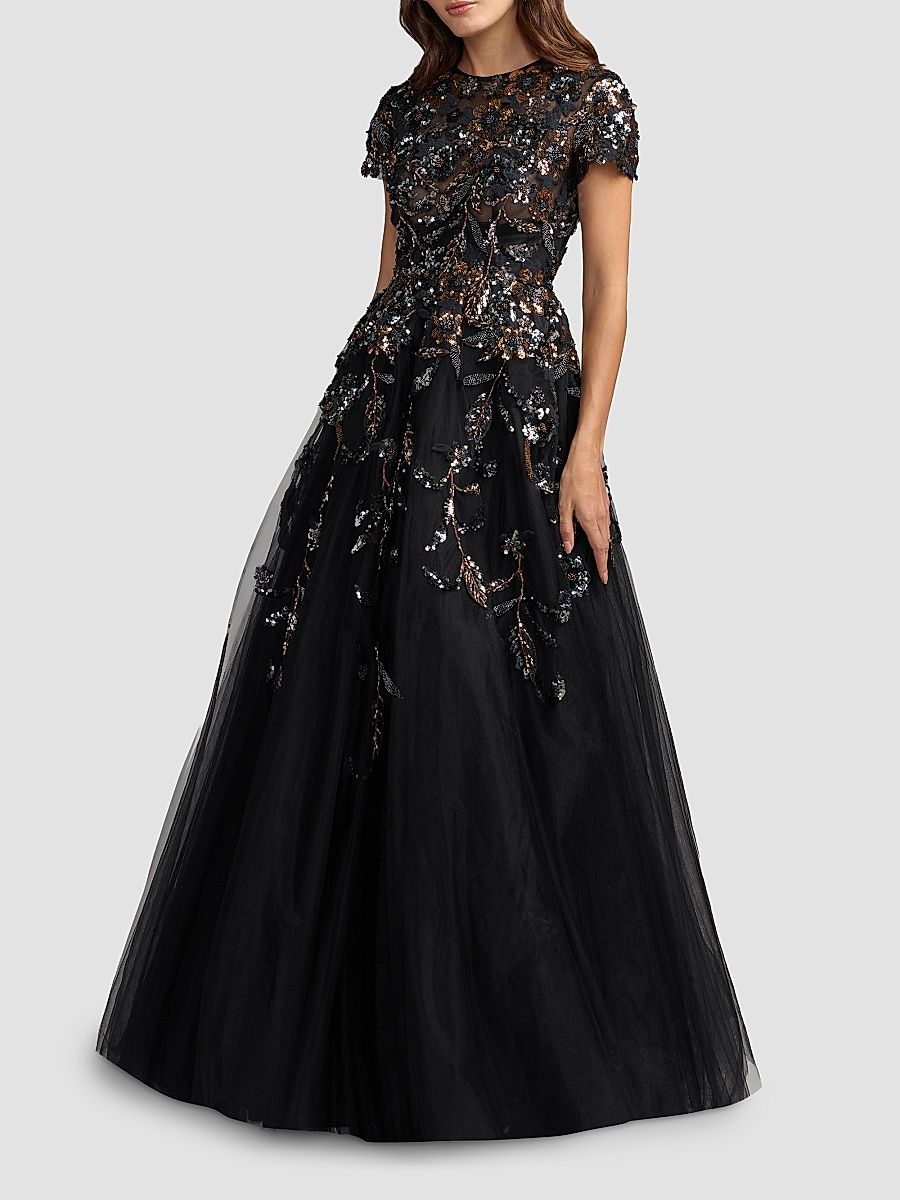 Women's Floral Mesh Short-Sleeve Gown - Black Multi - Size 4
