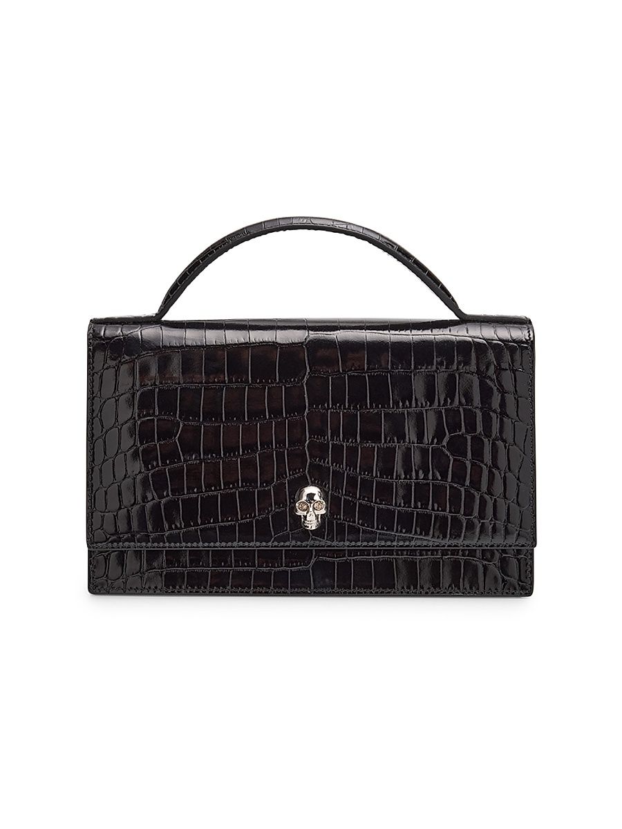 Women's Medium Croc-Embossed Leather Top Handle Bag - Black