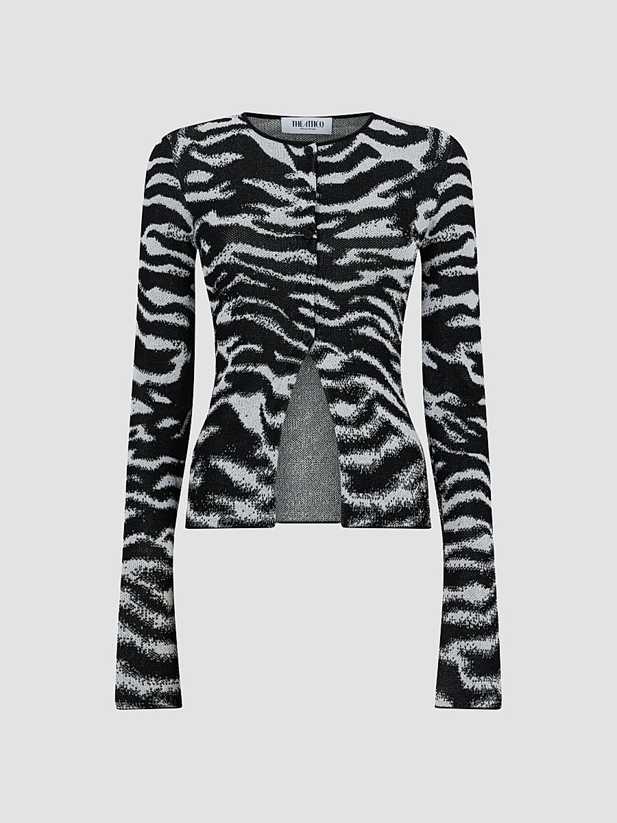 Women's Zebra Print Cardigan - White Black - Size 8